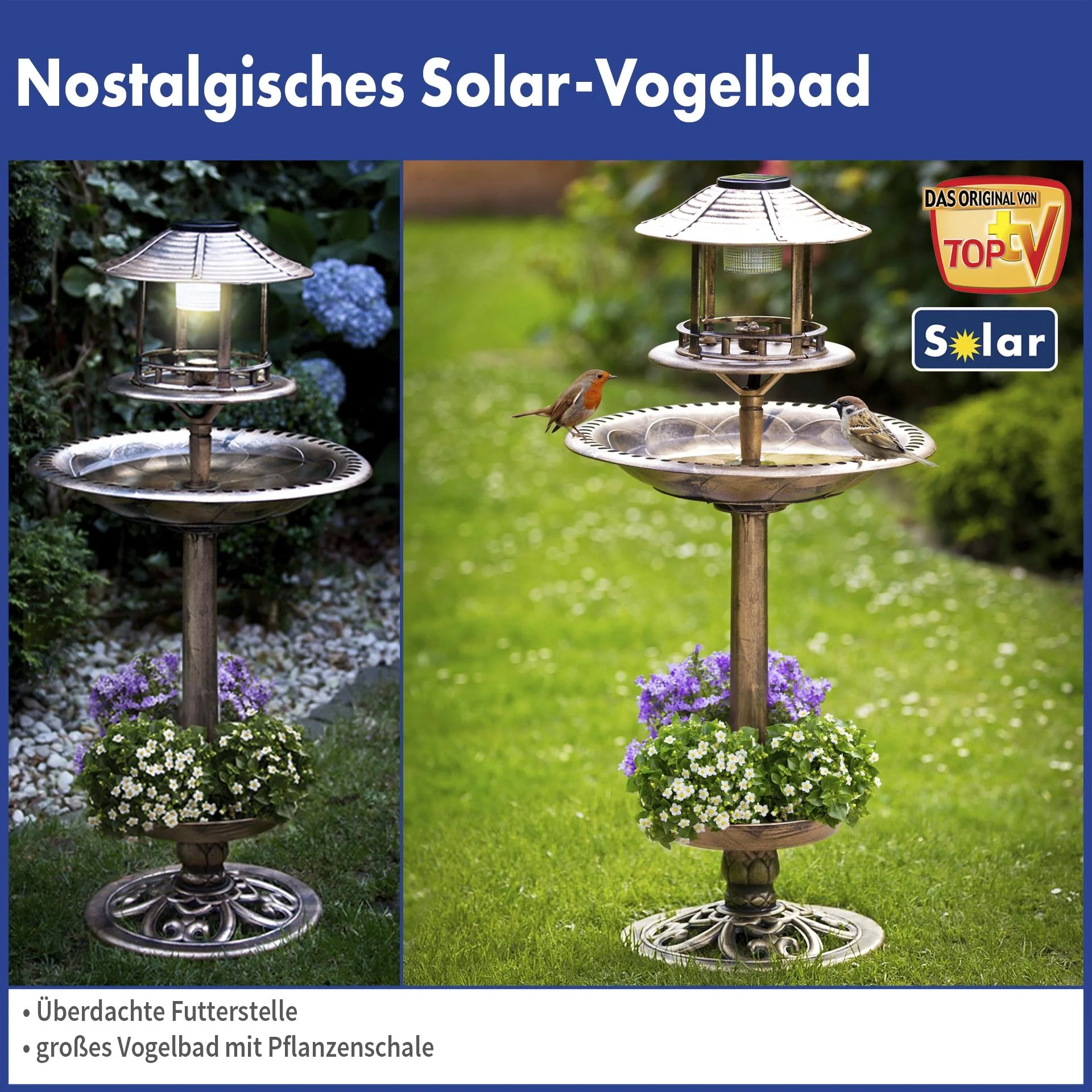 Solar-Vogelbad mit Pflanzschale, bronze - 4