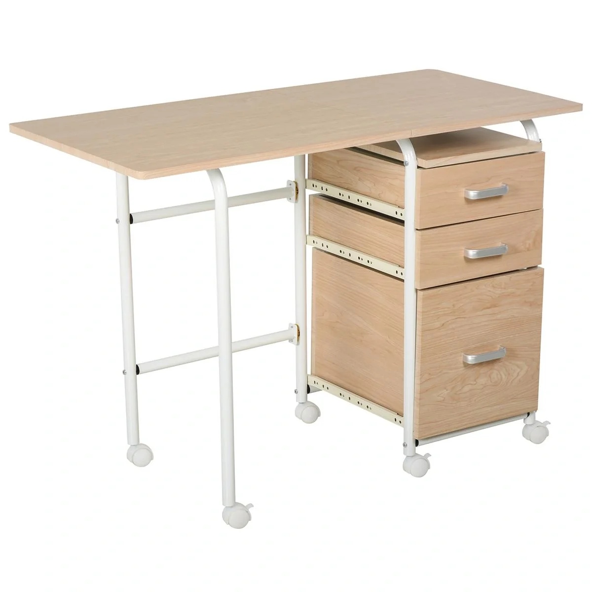 Mobiler Schreibtisch Aktenschrank klappbarer Computertisch Bürotisch mit Schubladen und Rollen Rollcontainer Spanplatte - 4