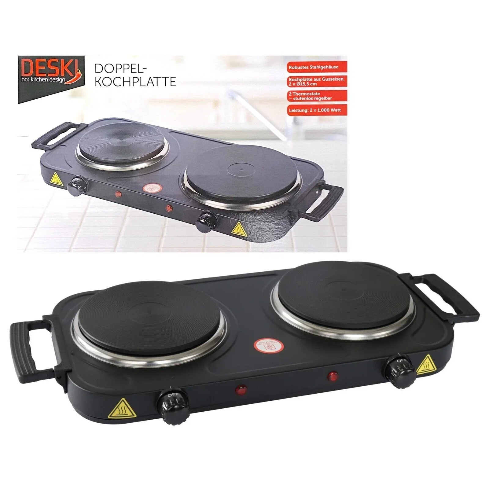 Doppelkochplatte 2000 Watt, schwarz - 2