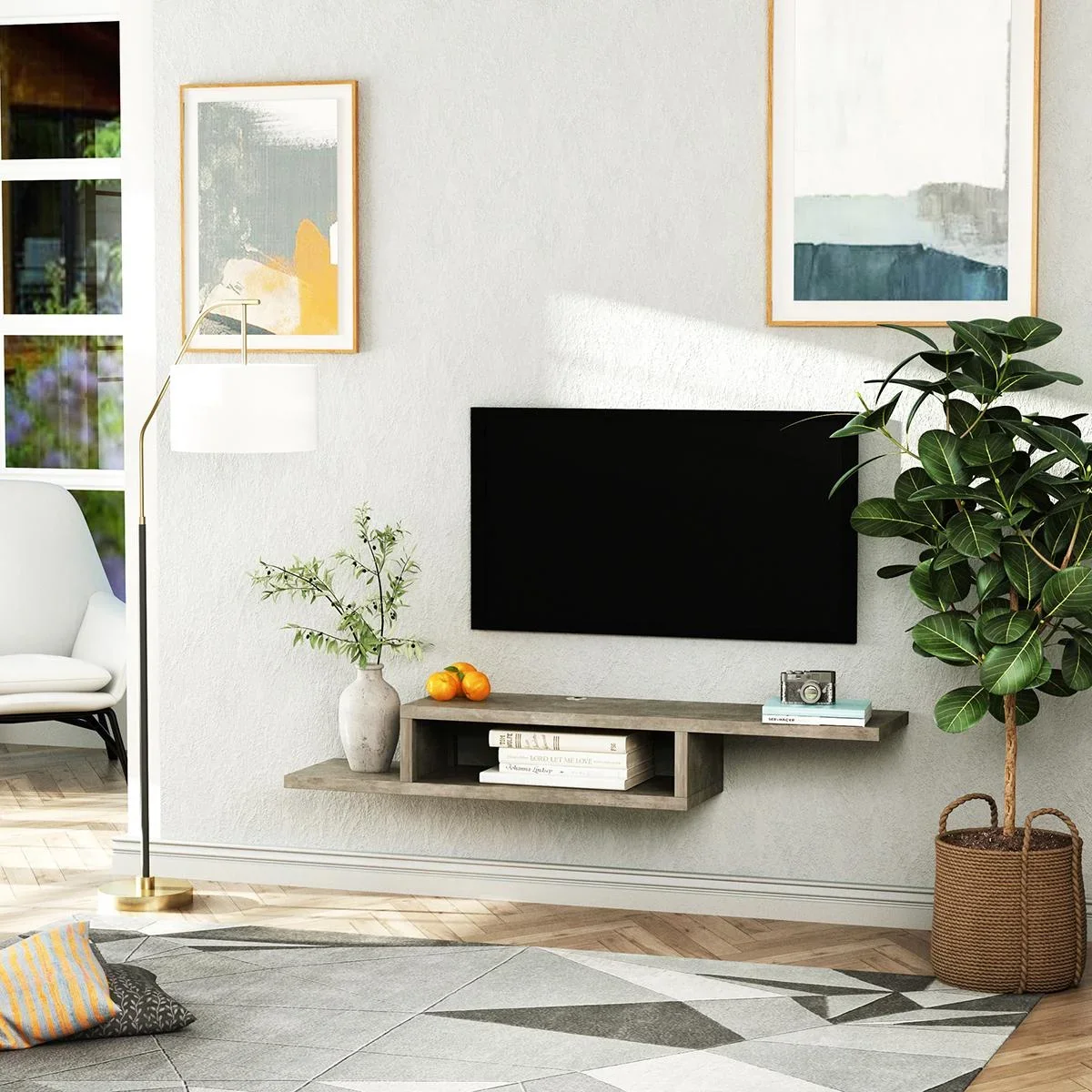 TV Hängeschrank Lowboard Hängeboard Fernsehschrank Multimedia Konsole Spanplatte Zementgrau 152,4 x 29,8 x 21 cm - 2