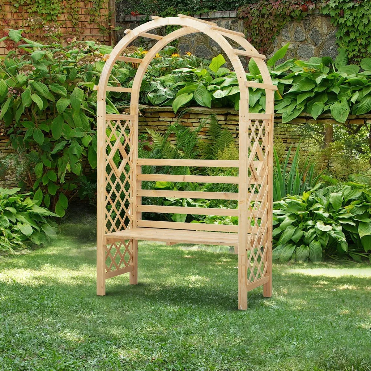 Rosenbogen mit Bank Gartenpergola Sitzbank Rosenbank Laubenbank Philosophenbank Rankgitter Rankhilfe Gartenbank Massivho - 1