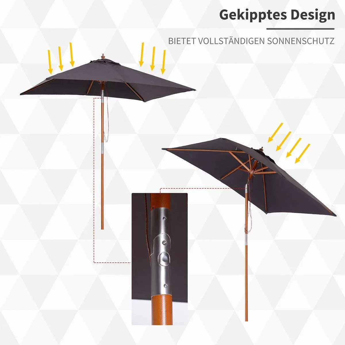 Sonnenschirm Knickbarer Gartenschirm Strandschirm 3-stufig einstellbar Tannenholz+Polyester Dunkelgrau 200 x 150 x 230 c - 0