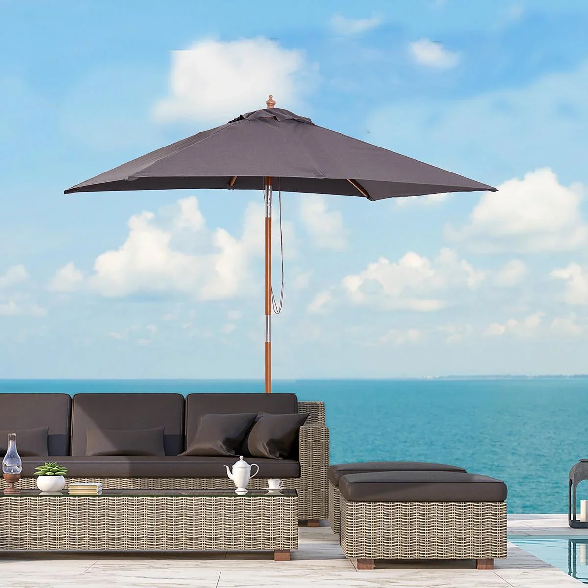 Sonnenschirm Knickbarer Gartenschirm Strandschirm 3-stufig einstellbar Tannenholz+Polyester Dunkelgrau 200 x 150 x 230 c - 4