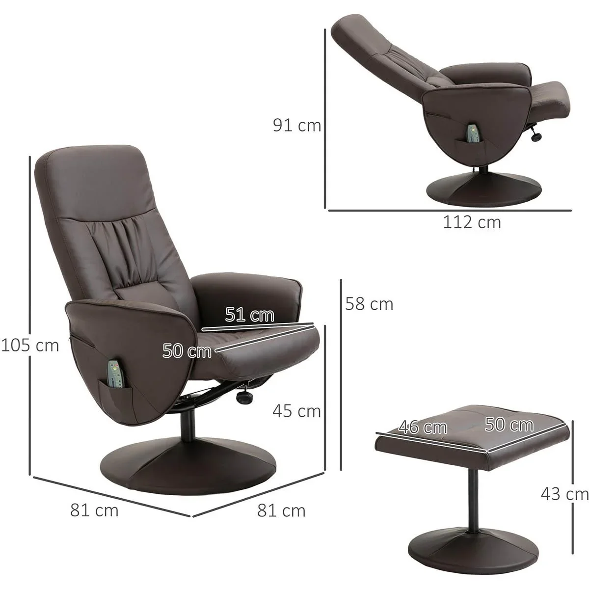 Massagesessel mit Fußhocker Relaxsessel Massagesessel TV-Sessel145°-Neigung Kunstleder Braun 76 x 81 x 105 cm - 1