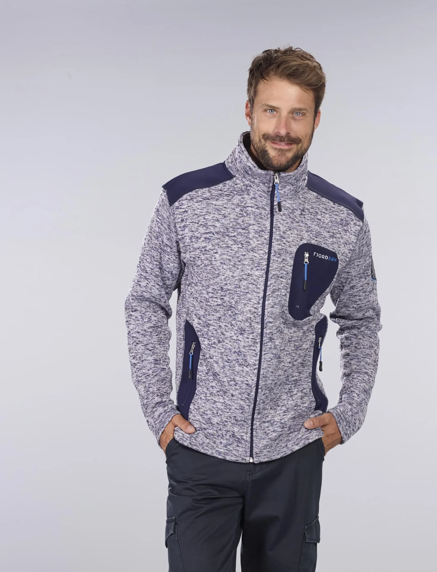 Strickfleece Jacke mit Reißverschluß, Farbe marine/grau melange, Gr. M - 0