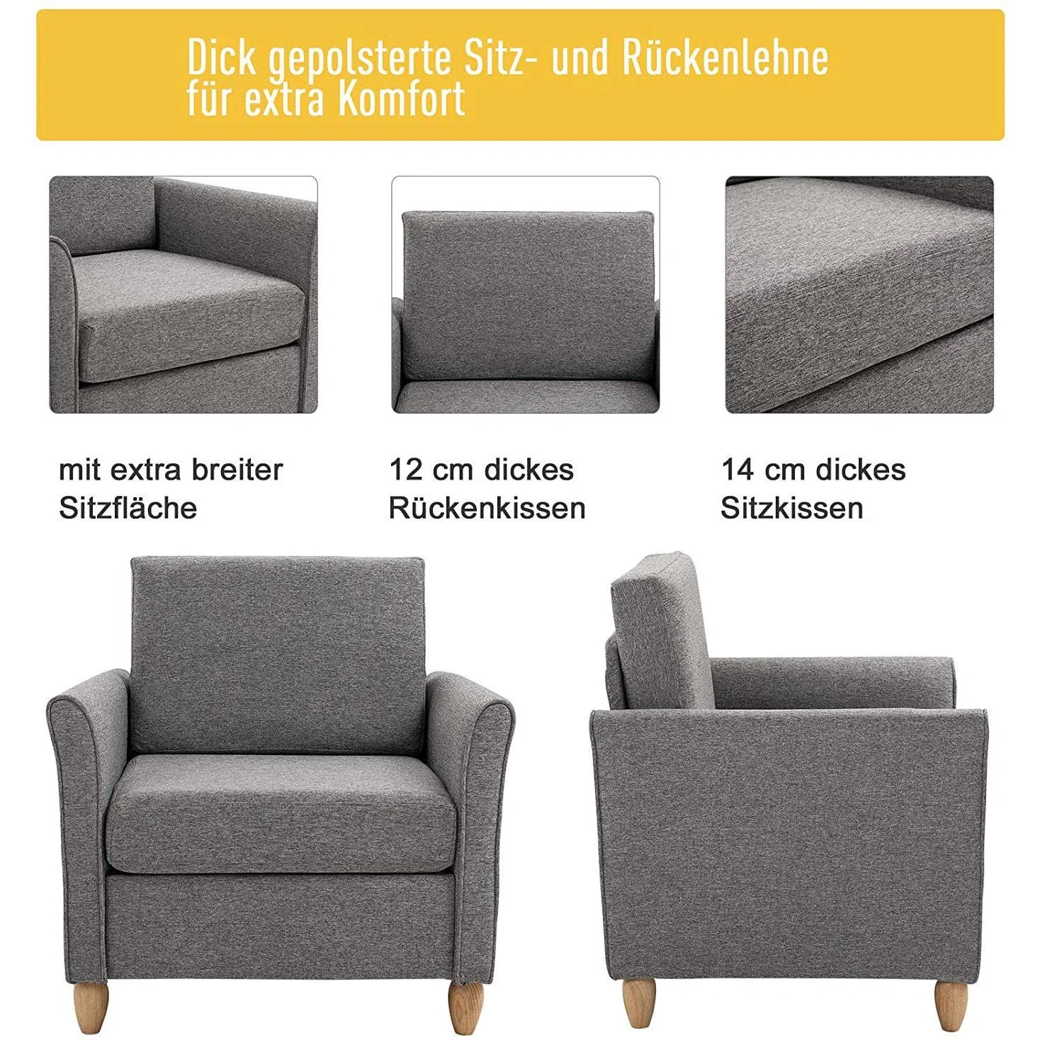 Einzelsofa Polsterstuhl abnehmbar mit Kissen 200 kg-Belastbarkeit Leinenbezüge Schaumstoff Hellgrau 82 x 65 x 78 cm - 4