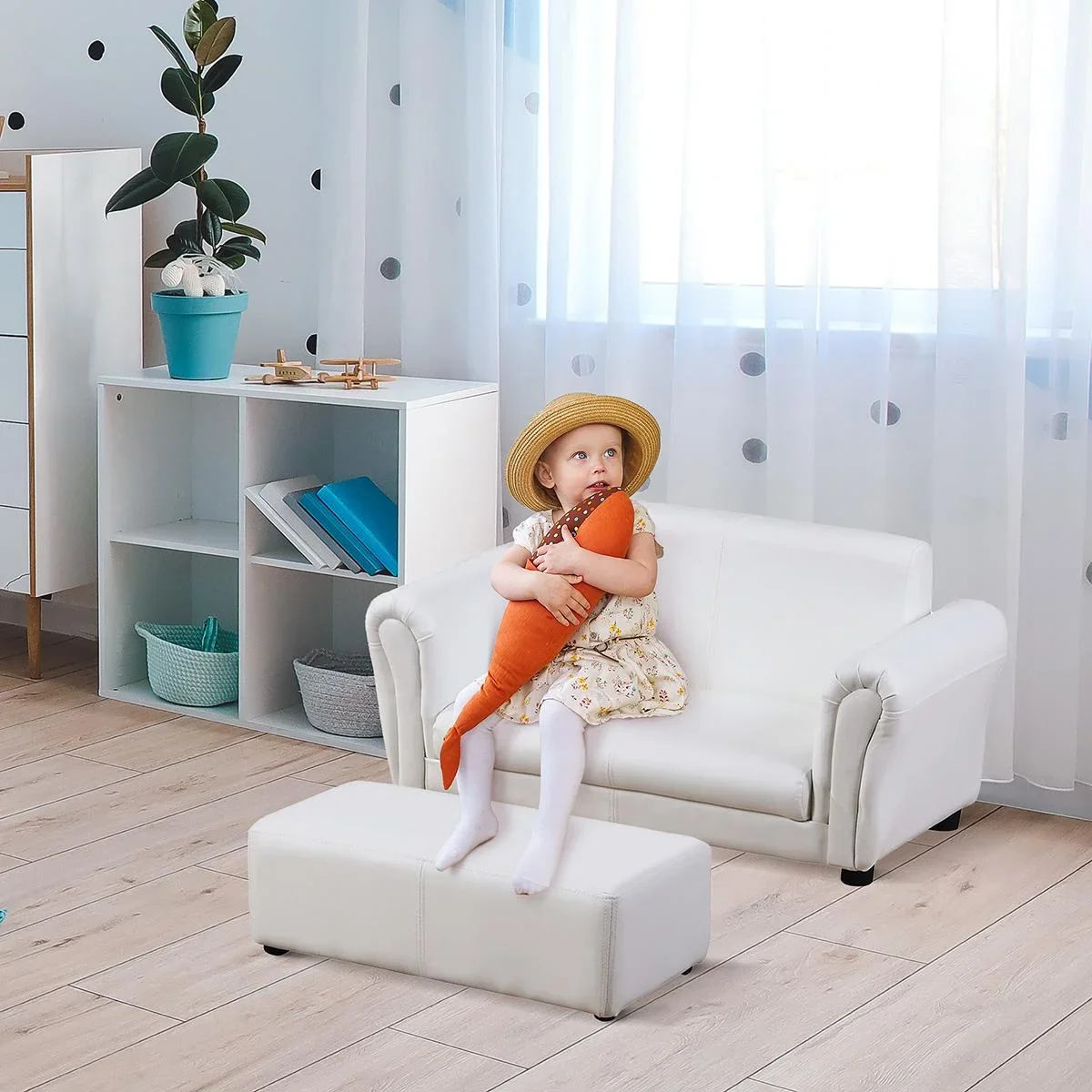 Kindersessel mit Fußhocker, Kindercouch mit Hocker, Kindersofa, Sofa Sessel, Weiß - 1
