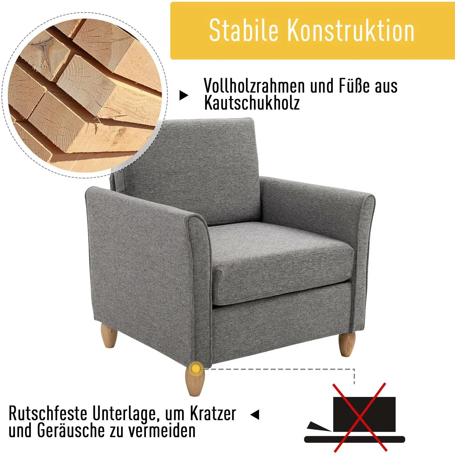 Polstersessel Sessel mit Armlehnen + Kissen Leinen Hellgrau 200 kg Belastbarkeit - 0