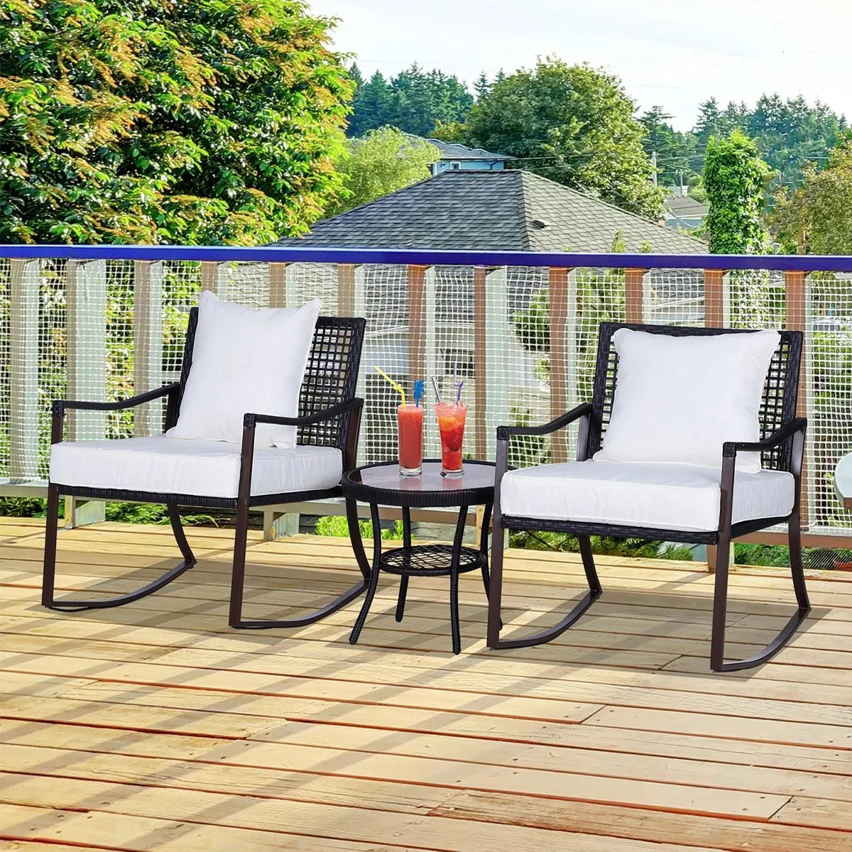 Rattan Schaukelstuhl als 7-tlg. Set braun/cremeweiß - 7