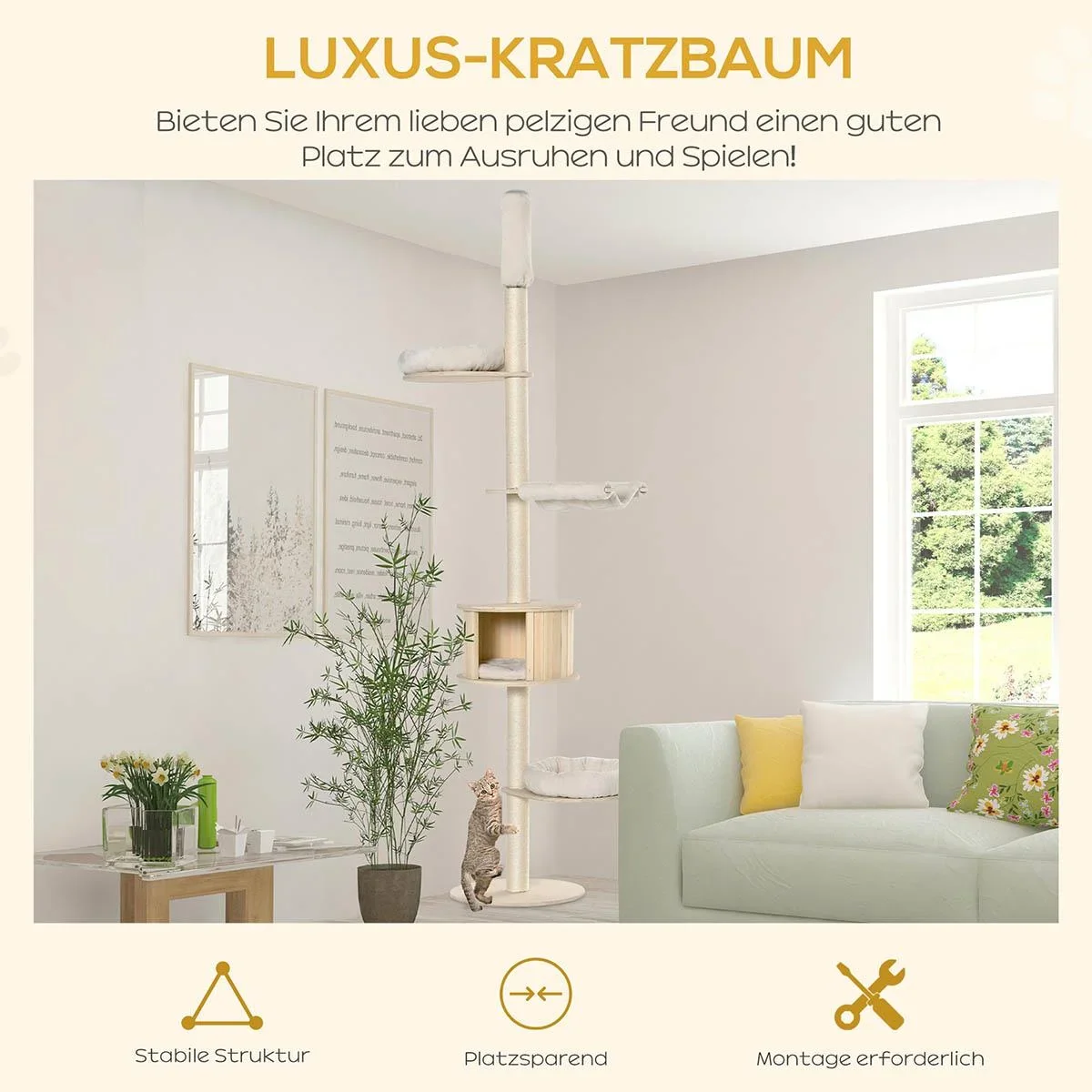 Kratzbaum Katzenbaum Deckenhoch Kletterbaum mit holz Katzenhöhle Sisal Plüsch höhenverstellbar Creme 50 x 50 x 232-252 c - 3