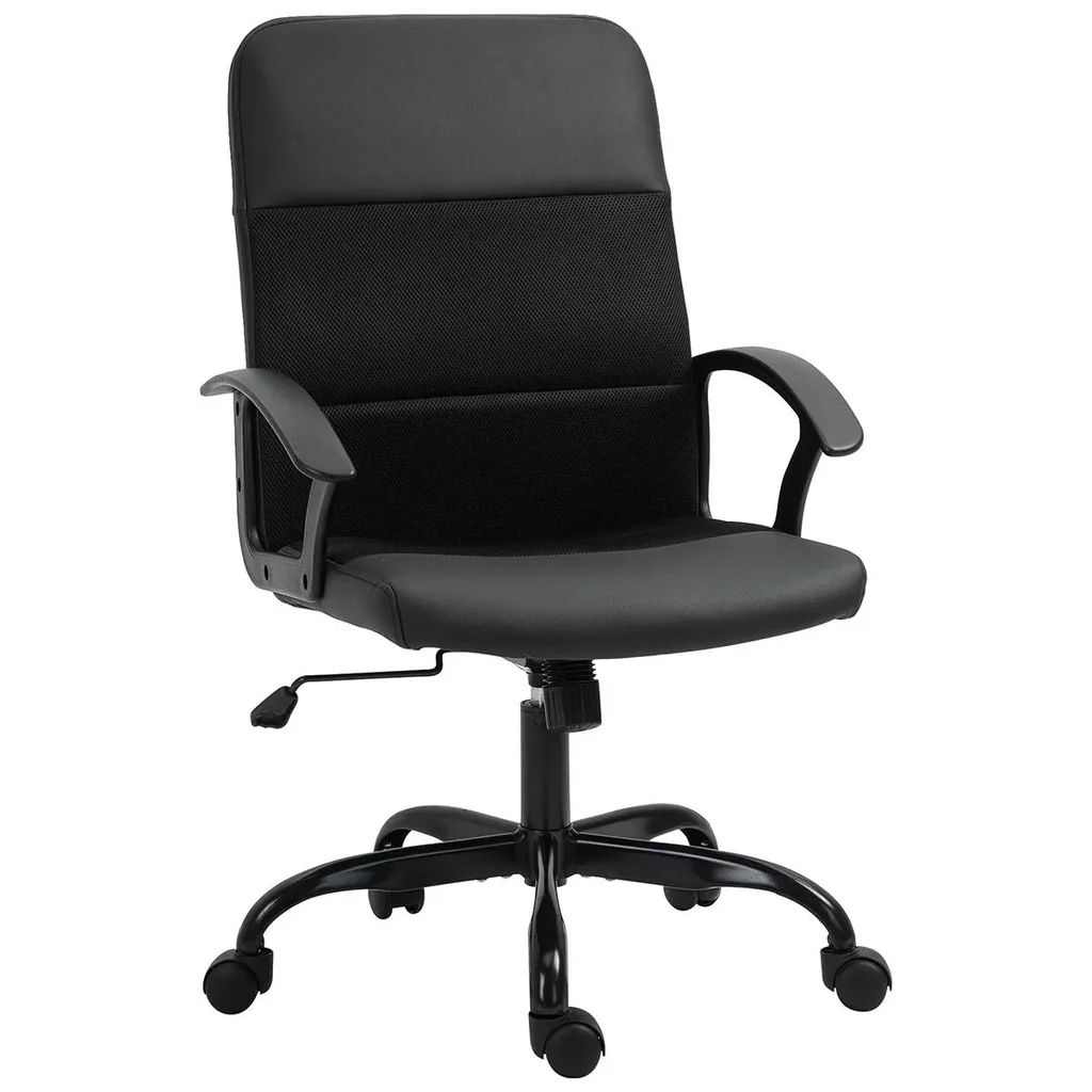 Ergonomischer Bürostuhl, Höhenverstellbarer Schreibtischstuhl, Drehstuhl, PVC + Netz Bezug, Schwarz, 60 x 64 x 99-107 cm