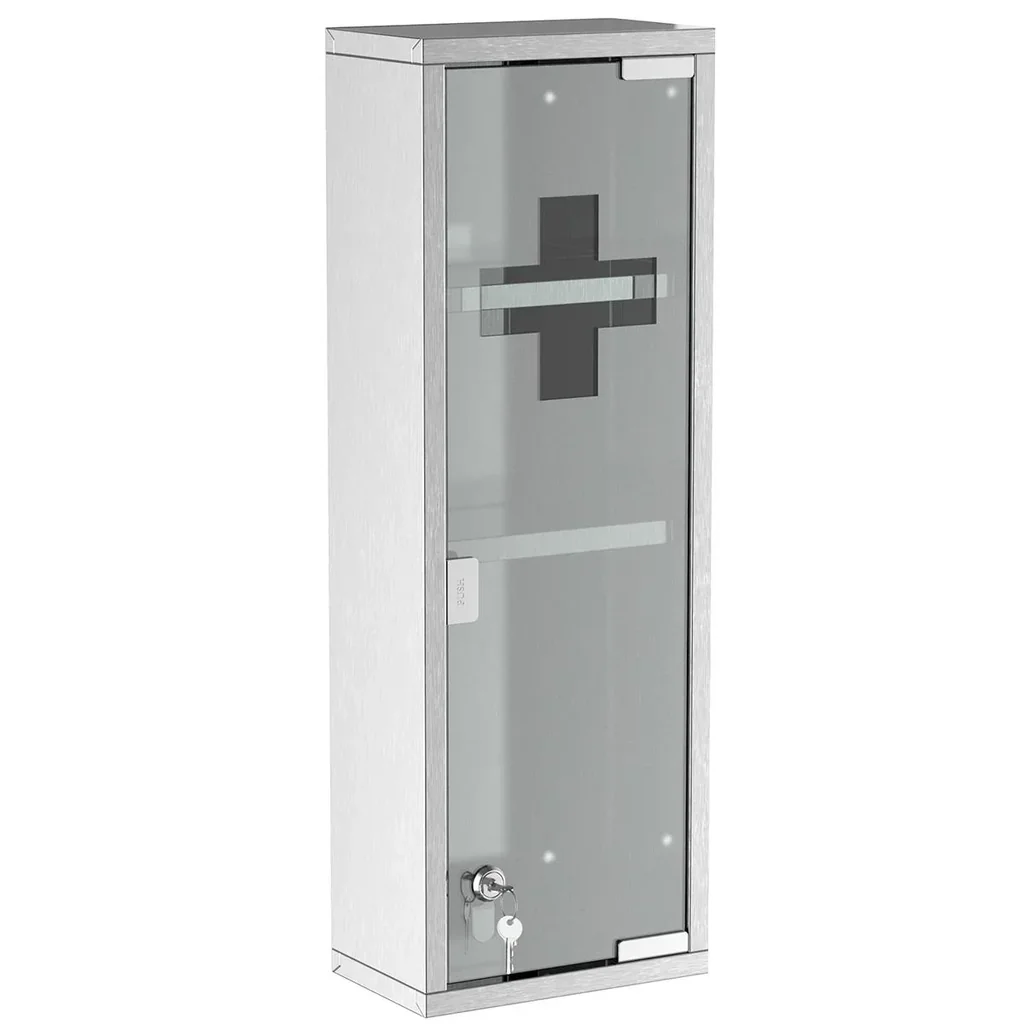 Medizinschrank Arzneischrank Erste-Hilfe-Schrank mit Schloss 3 Fächer Mattglas 430 Edelstahl+gehärtete Glastür Silber 20