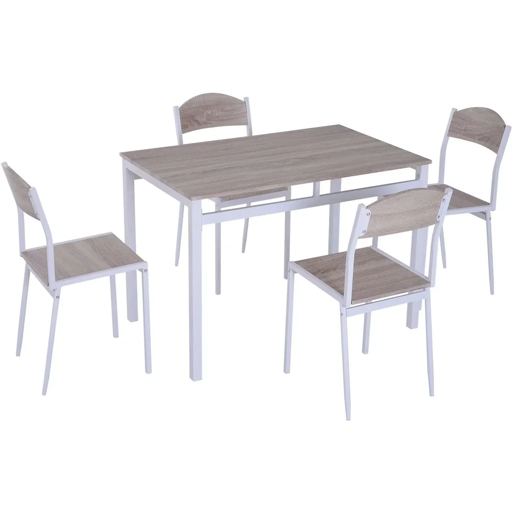 5-teilige Essgruppe Sitzgruppe Esstisch Set Holzmaserung MDF + Metall Grau + Weiß mit 1 Tisch + 4 Stühlen