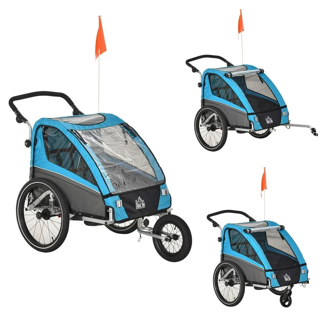 3 in 1 Kinderanhänger Aluminium Kinder Jogger Fahrradanhänger Radanhänger für 2 Kinder mit Schwingungsdämpfungssystem A
