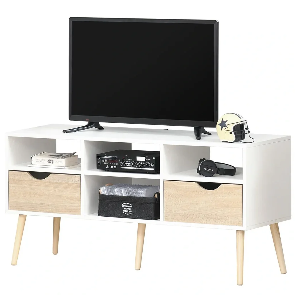 Fernsehtisch Fernsehschrank mit 2 Schublade TV-Board Spanplatte Massivholzbeine Weiß+Eiche 117 x 39 x 57 cm