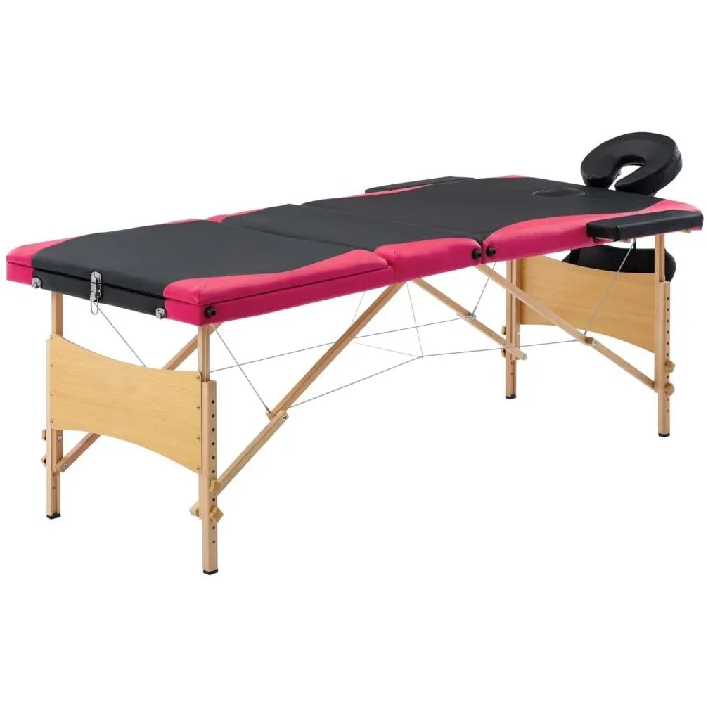 Klappbarer Massagetisch mit 3 Zonen aus Holz, schwarz und rosa