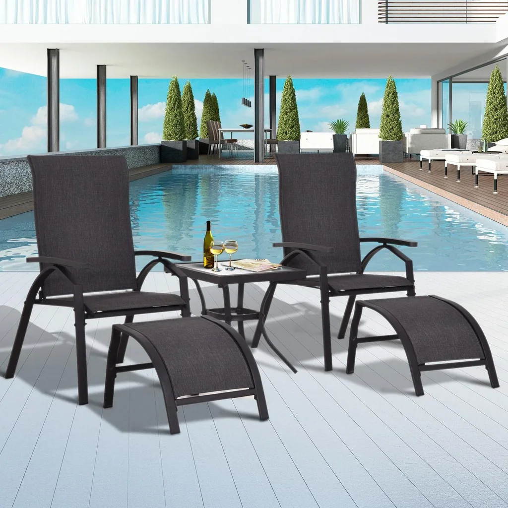 5 tlg, Gartengarnitur Gartensitzgruppe Gartentischset Gartenliege Gartenmöbel Grau 2 x Sessel 2 x Hocker 1 x Tisch