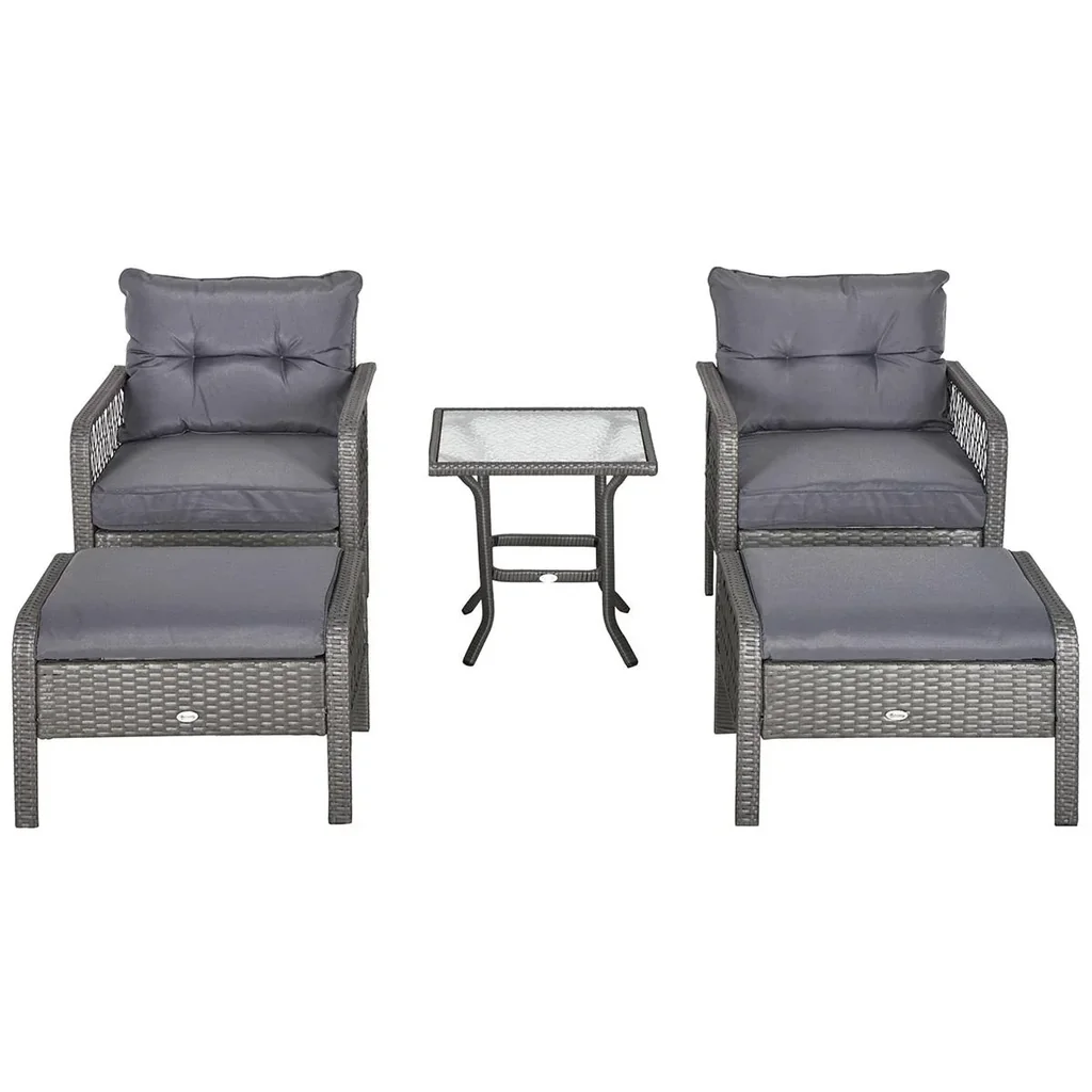 Rattan Gartenmöbel für 4 Personen 5-tlg. Outdoor-Sitzgarnitur Sofa mit Hocker Tisch Sitzgruppe Stahl Grau 65 x 66 x 75 c