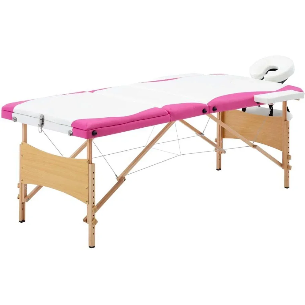 Klappbarer Massagetisch mit 3 Zonen Holz weiß und rosa