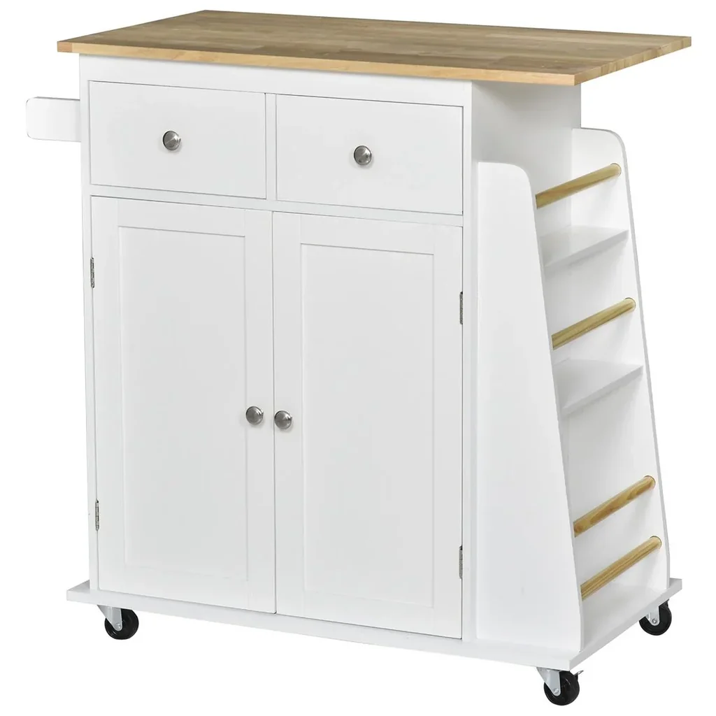 Küchenwagen mit Rollen, Servierwagen mit Gewürzregal, Küchenhilfe, P2 MDF, Gummiholz, Weiß+Natur, 89 x 45 x 89,5 cm