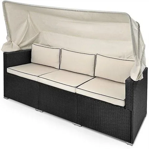 Polyrattan Sofa - Schwarz-Creme - 210x70x70cm - Mit Sonnendach