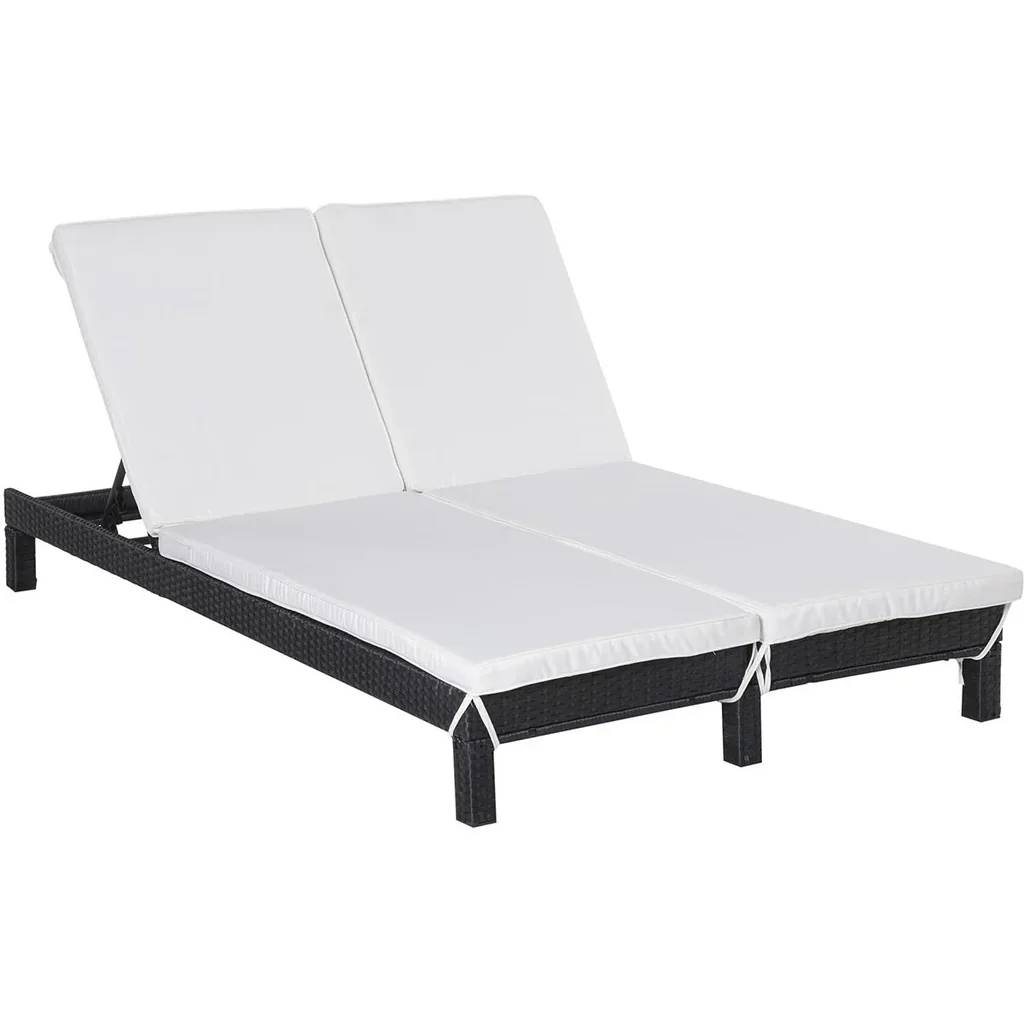 Gartenliege, Doppelliege, Relaxliege für 2 Personen, Luxus Lounge, 5-stufige Rückenlehne, Metall, PE Rattan, Creme, 195