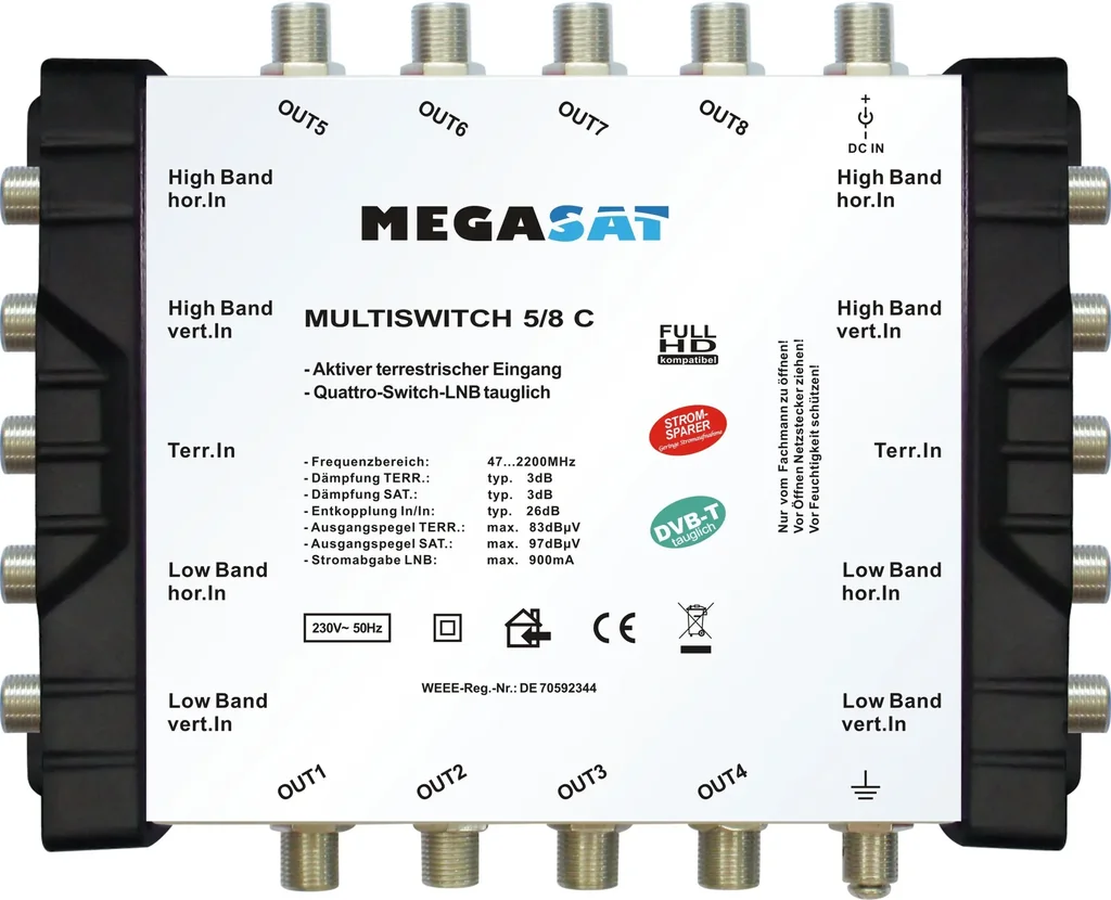 Multischalter 17/8 C - Erweiterbares System. Geeignet für 4 Satelliten bis zu 8 Teilnehmer pro Multischalter