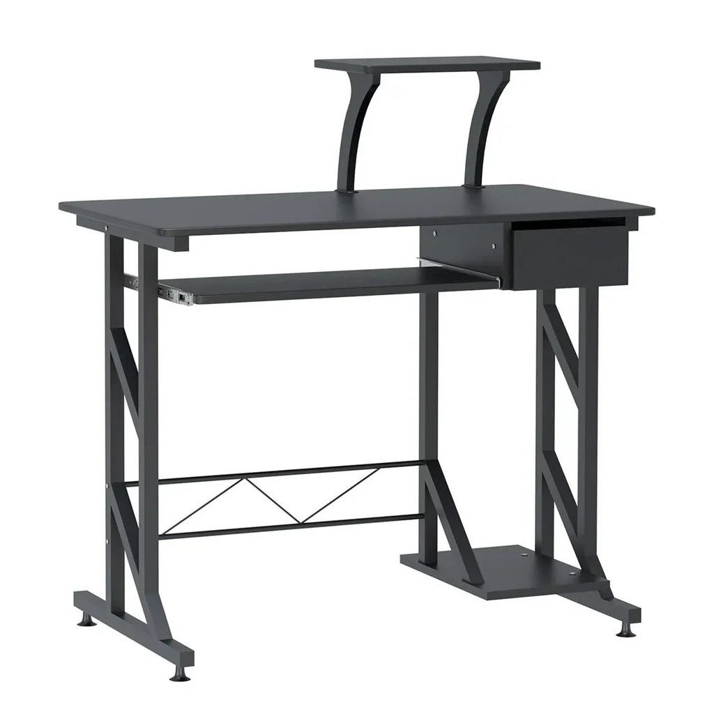 Computertisch Arbeitstisch mit Regalen und Schubladen Schreibtisch Bürotisch Platzsparend stabil Metall MDF Schwarz 90 x