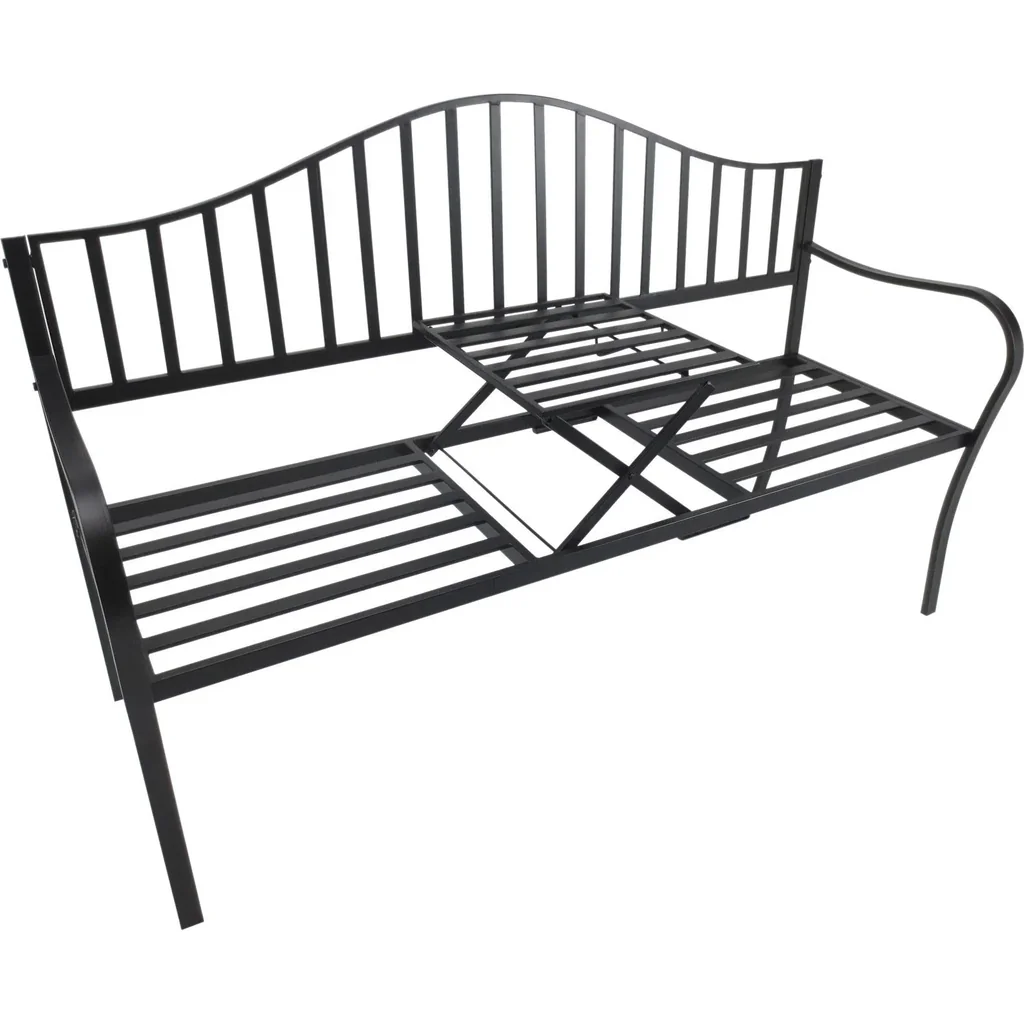 Gartenbank 2 Sitzer Sitzbank Parkbank Metallbank Bankauflage mit Armlehne mit Klappbeistelltisch Schwarz 160 x 53 x 95 c