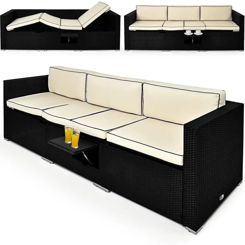 Polyrattan Sofa - Schwarz-Creme - 210x70x70Cm - Verstellbar