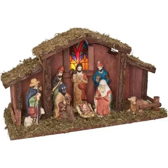 Weihnachtskrippe mit Beleuchtung - Batteriebetrieben - 39 x 15 x 22,5 cm