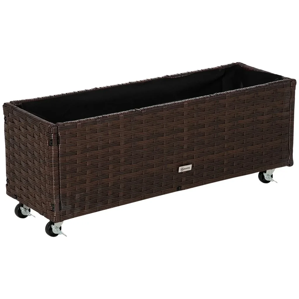 Poly Rattan Hochbeet mit Rollen Pflanzkasten mit Abflusslöchern Blumenkasten Blumenkübel Kaffee-Braun 94,5 x 31 x 36 cm