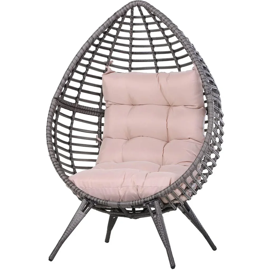 Rattansessel in Tropfenform, Gartensessel mit Sitzkissen, Erhöhter Rattanstuhl, Stahl, Beige, 101 x 89 x 156 cm