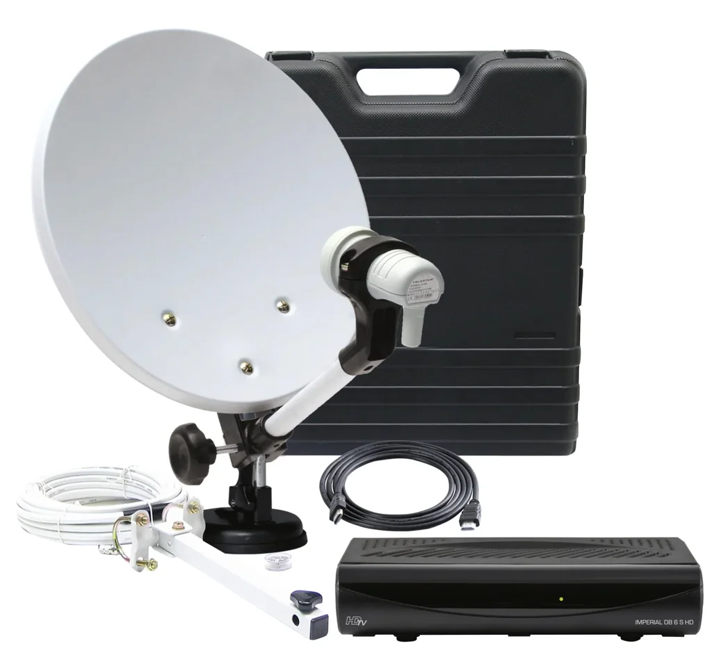 HDTV SAT Camping-Satellite-Anlage DB 6 S HD (HD-Receiver, 35cm Spiegel, Single LNB, Kabel, div. Halter)
