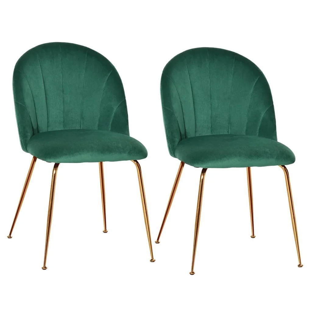 2er-Set Küchenstühle Esszimmerstühle mit Rückenlehne Polyester-Gewebe Metallbeine Grün+Gold 52 x 52 x 81 cm
