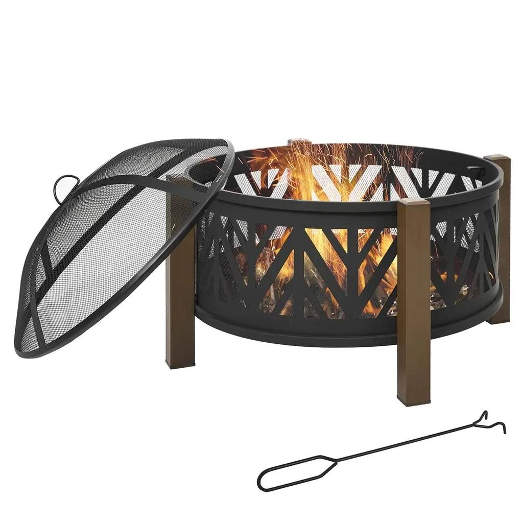 2-in-1 Feuerschale Feuerkorb Feuerstelle mit Funkenschutz Grillrost Garten BBQ Schwarz+Braun 78 x 60H cm