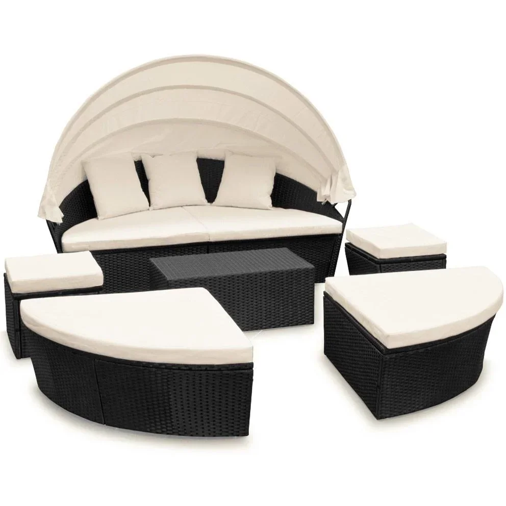 Polyrattan-Sonneninsel oval 226cm schwarz mit Sonnendach