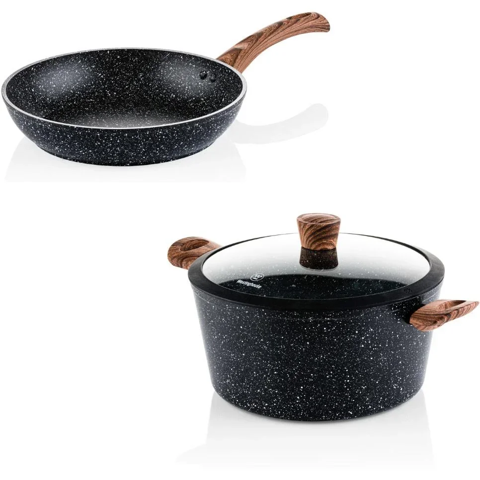 Schwarzer Marmor Holz Töpfe und Pfannen - Bratpfanne 26 cm + Kochpfanne 28 cm - Schwarz
