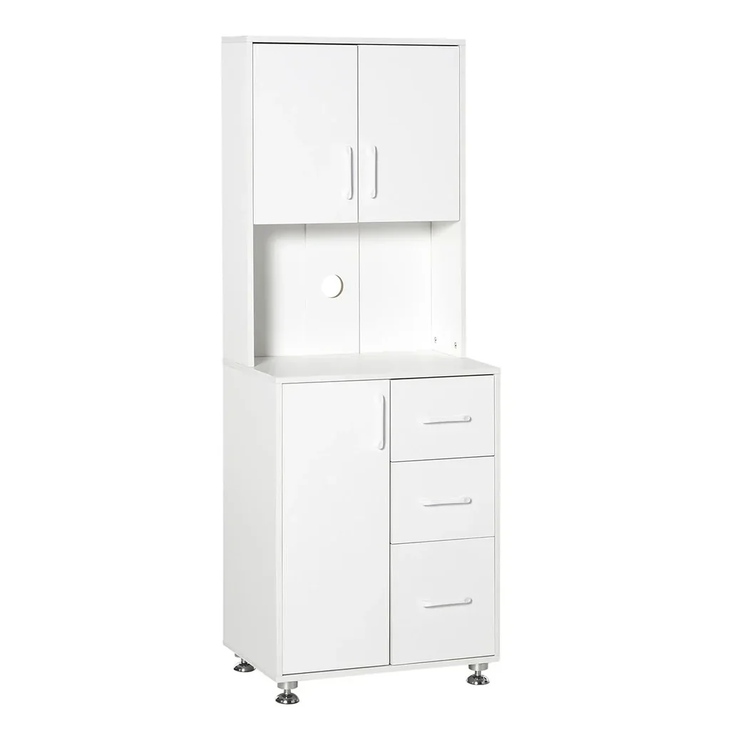 Küchenschrank mit 2 Türen Regal Mikrowellenregal Hochschrank mit unterem Aufbewahrungsschrank und 3 Schubladen Kommode S