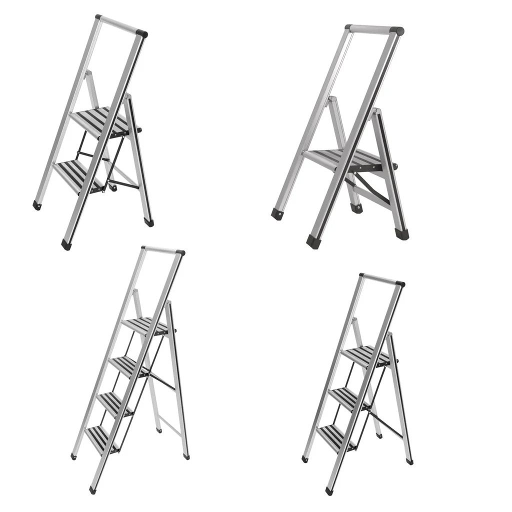 Alu-Design Klapptrittleiter 1-stufig Silber, rutschfeste Haushaltsleiter, Sicherheits-Stehleiter