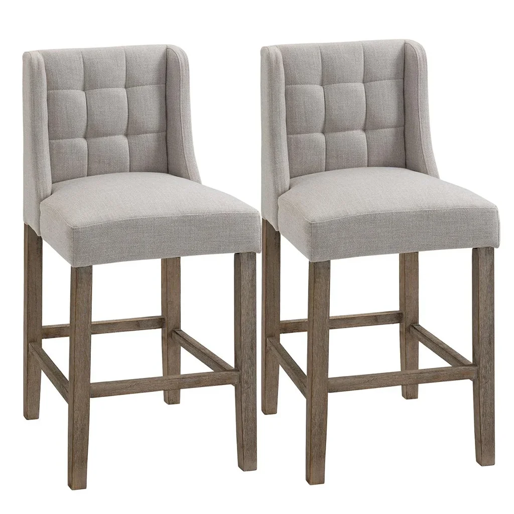 2er-Set Barhocker moderne Küchenstühle Barstühle für Küche mit niedriger Rückenlehne Leinen-Touch Gummiholz Beige 47 x 5