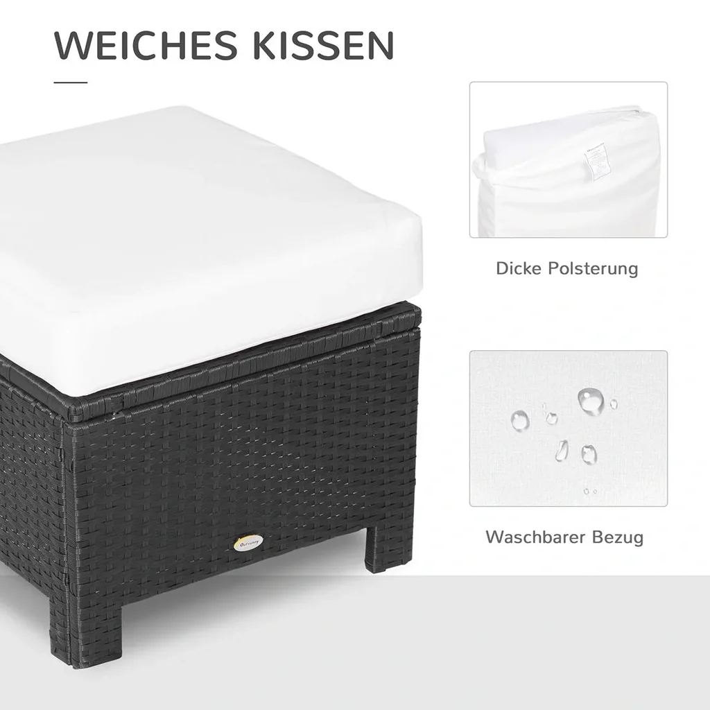 Poly Rattan Hocker mit Kissen Gartenhocker Sitzhocker Fußhocker Rattanhocker Balkon Sitzhocker Gartenmöbel Schwarz+Creme
