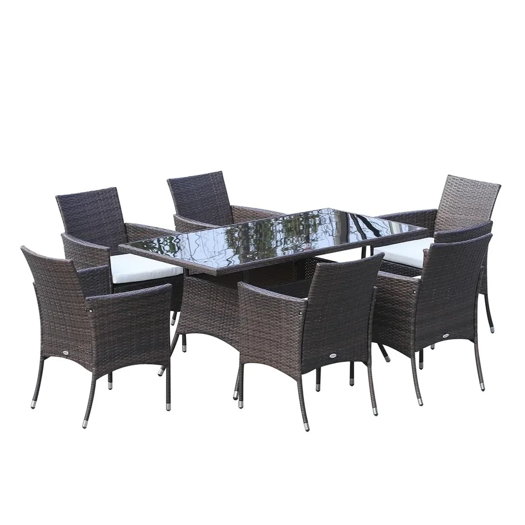 7 tlg. Polyrattan Gartenmöbel Rattan Gartenset Sitzgruppe Garnitur Essgruppe inkl. Kissen 6 Personen Braun+Creamweiß 150