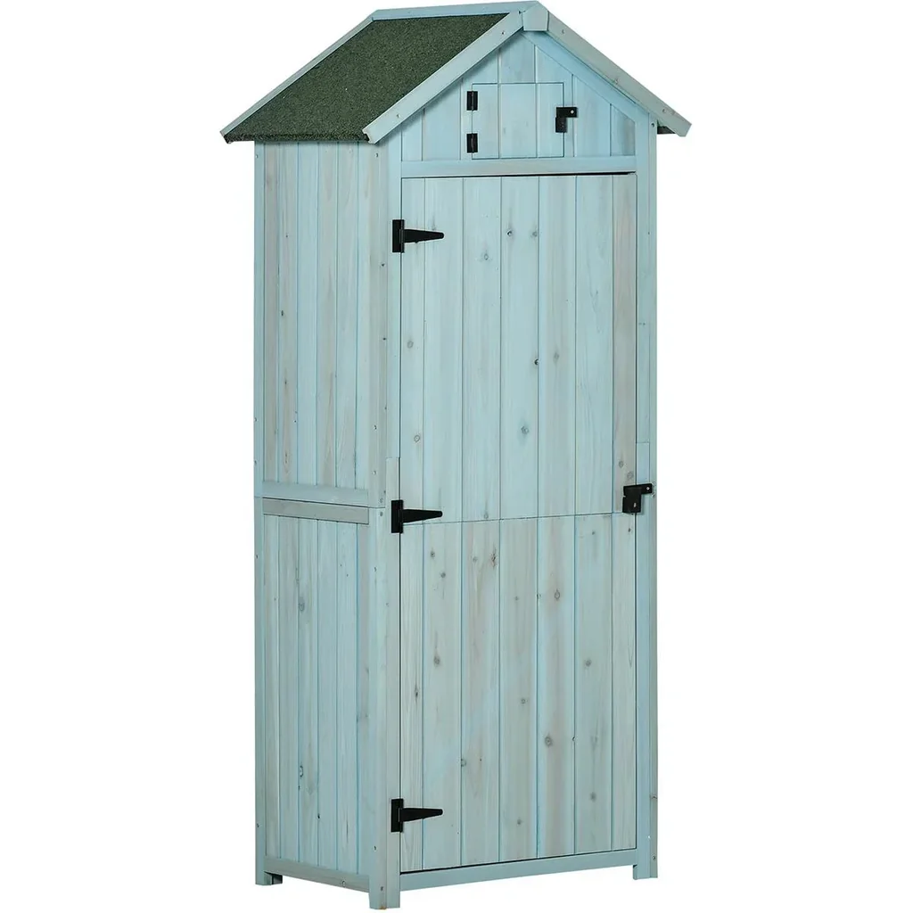 Gartenschrank Gartenhaus Gerätehaus Geräteschuppen mit Fachböden Asphaltdach Fenster Holz Hellblau+Grün 77 x 54,2 x 179