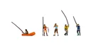 Angler, 1x Angler im kleinem Holzboot, 4x Angler am Ufer stehend, Spur H0