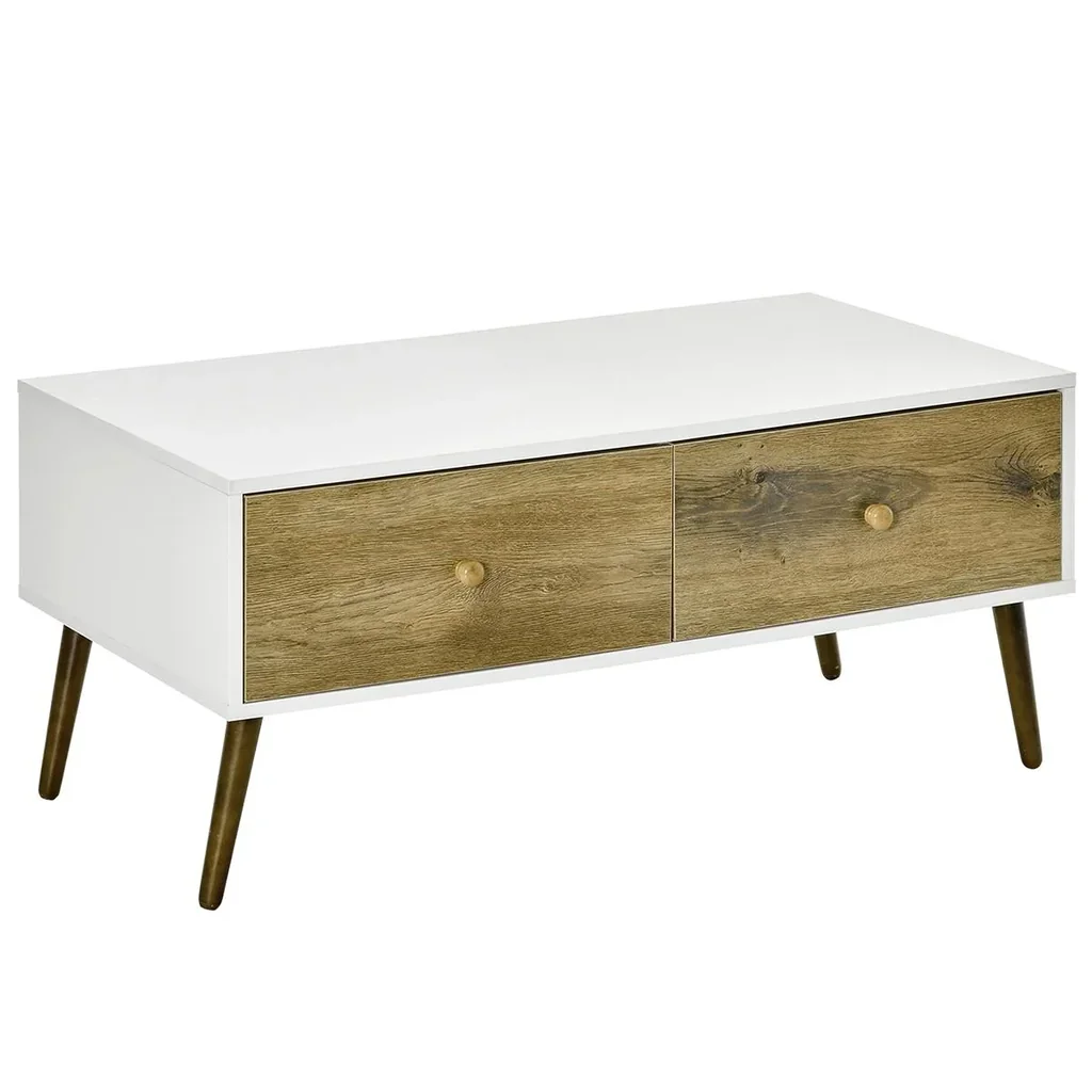Couchtisch Wohnzimmertisch mit Schublade Beistelltisch Kaffeetisch Teetisch Nachttisch Spanplatte Buchenholz Weiß+Braun