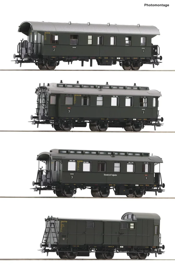 Wagenset mit vier Personenwagen der Deutschen Bundesbahn, H0