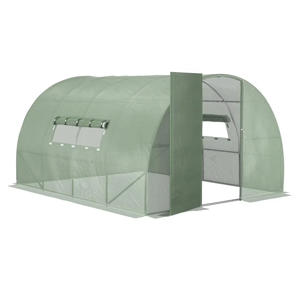 Foliengewächshaus 4 x 3 x 2 m Tunnel Gewächshaus Treibhaus Pflanzenhaus Folienzelt 2 Fenster Gitterfolie Grün