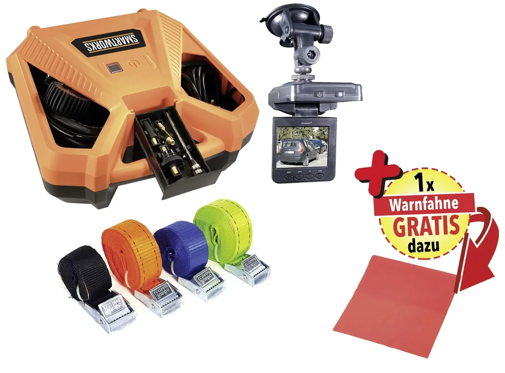 Kompressor "Air Box" 1100 Watt + HD Autokamera inklusive Zubehör + Zurrgurt-Set, 5-teilig GRATIS dazu Warnfahne