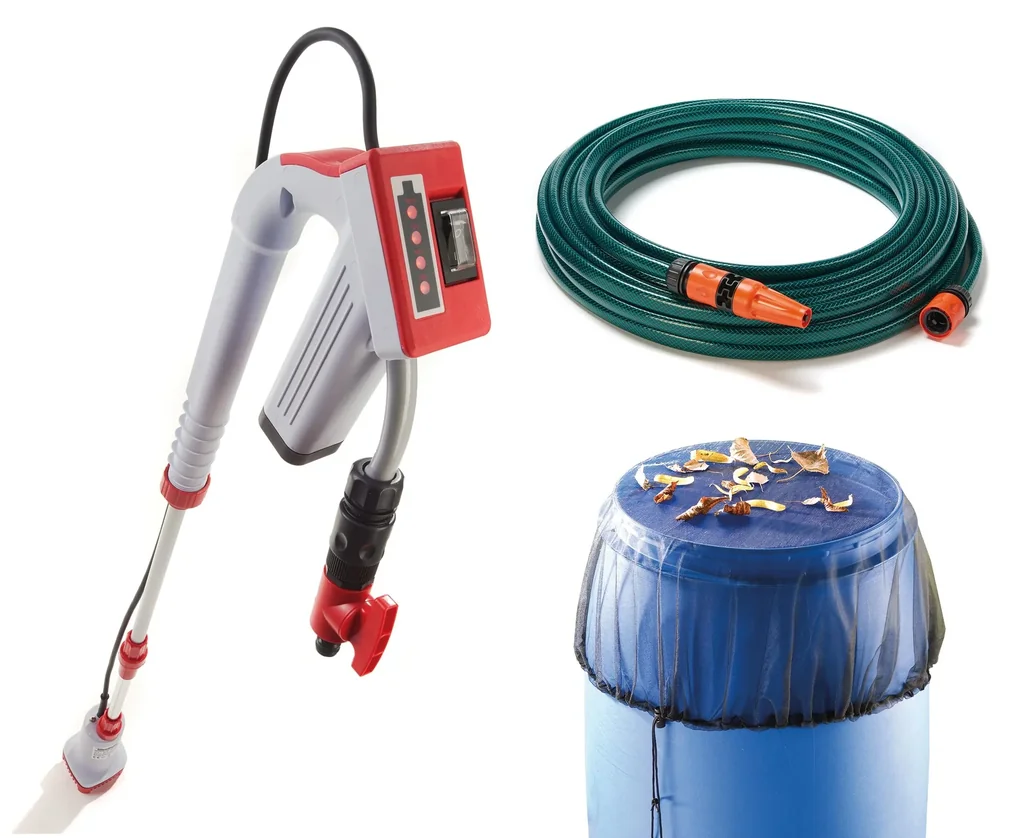 Set Akku-Regenfasspumpe, teleskopierbar, 12 Volt + Regentonnen-Netz 95 cm + Gartenschlauch-Set „Economic ½“, 20 Meter